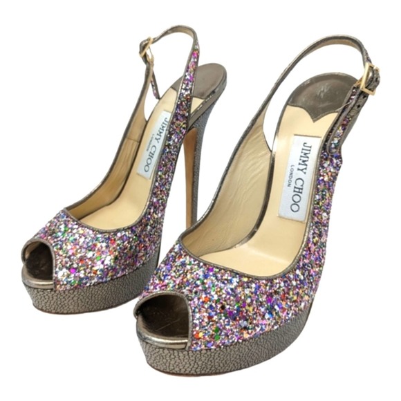 Jimmy Choo Multicolor Glitter Vibe Leather Peep Toe Platform Pumps 37.5 - Picture 4 of 11